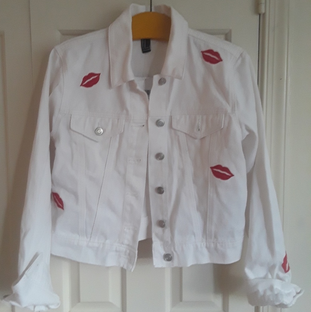 White Jean Jacket with Red Lips Details